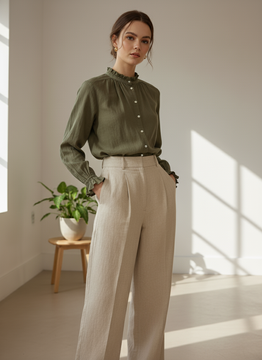 Camisa verde oliva con cuello fruncido