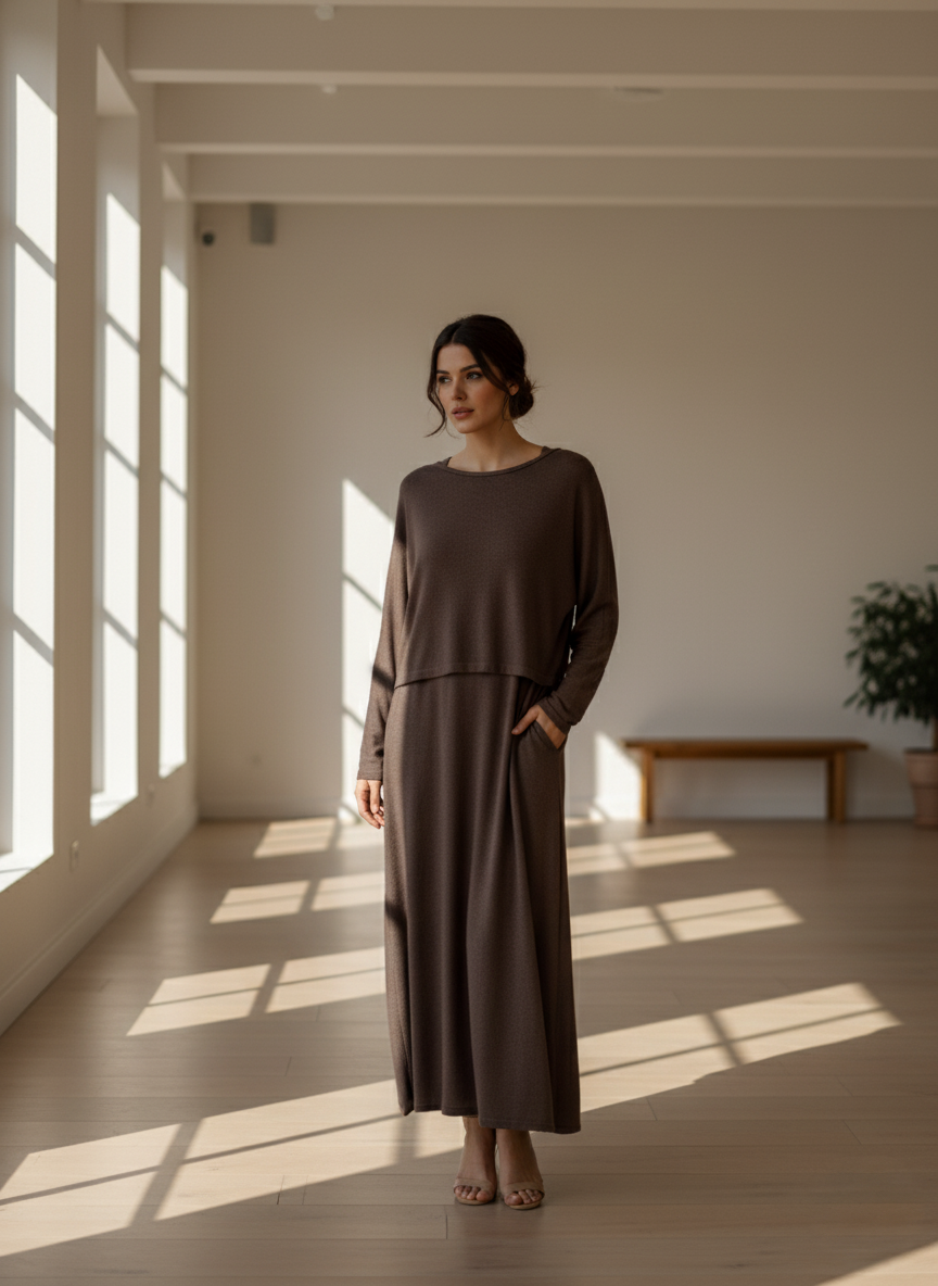 Conjunto de vestido y jersey marrón fluido de punto